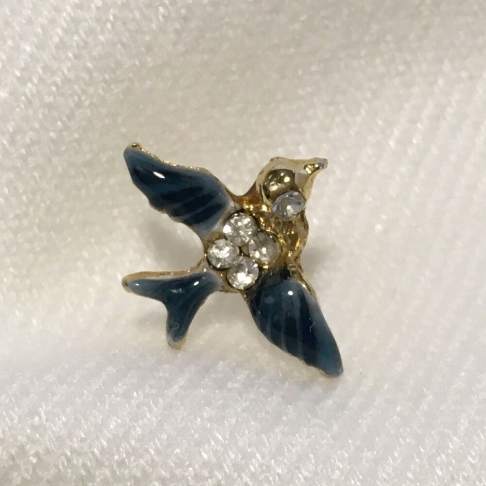 Vintage Bird Scatter Pin Tiny Brooch Blue Enamel Gold tone Clear Rhinestones